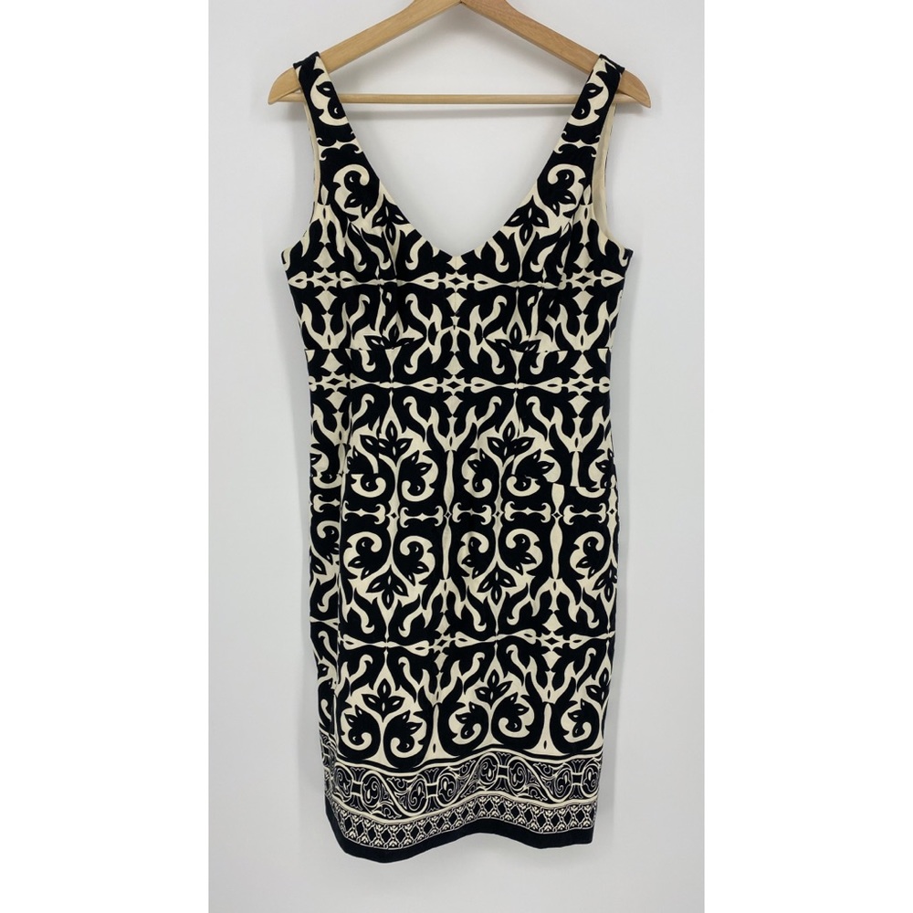 Jones NY Black White Floral Damask Print V Neck Cotton Midi Dress